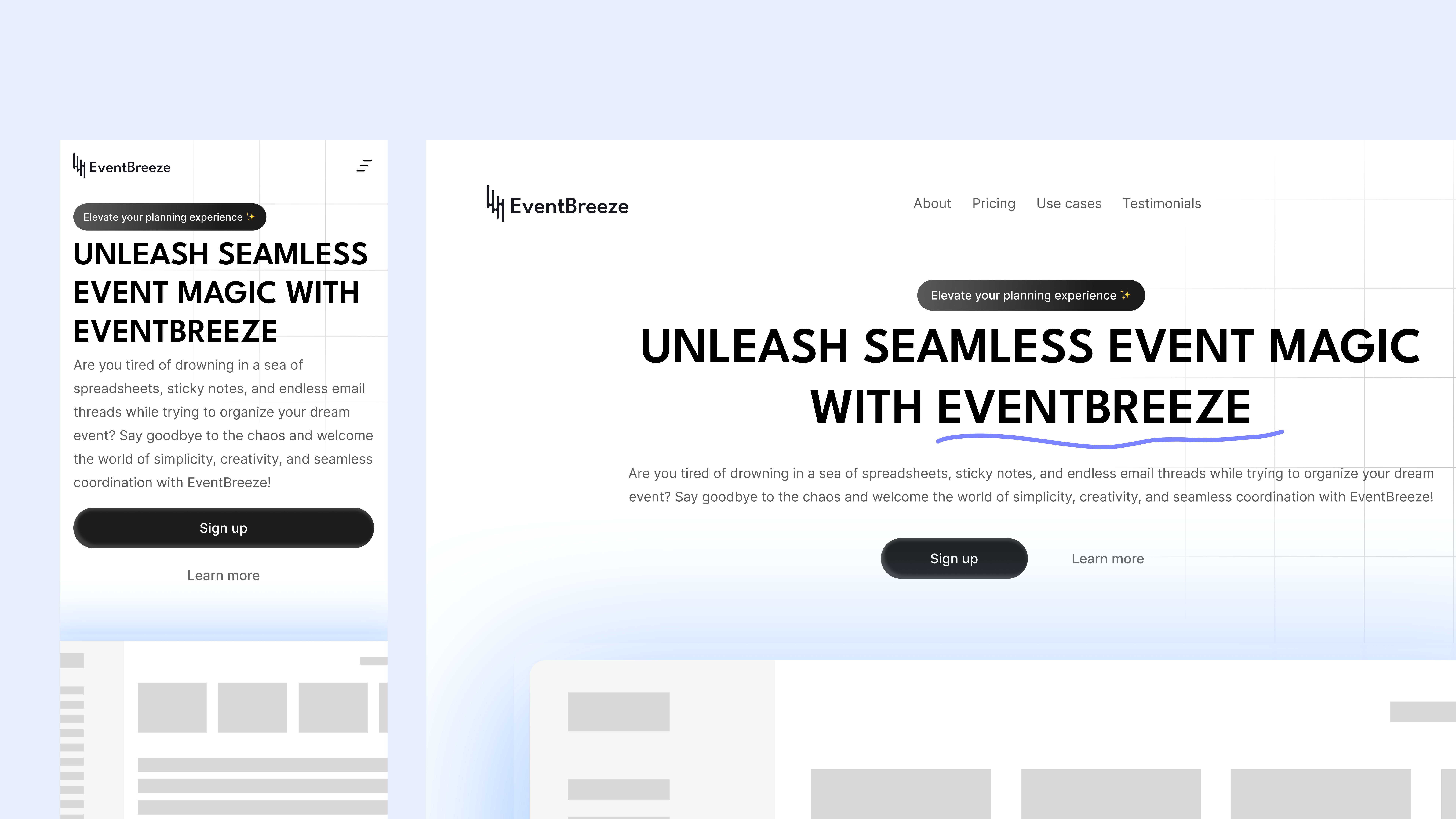 EventBreeze — Landing Page app exploration landing page ui