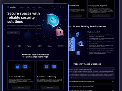BuildSec Landing Page blue building security cctv dark mode design faq features hack illustration landing page lock macos mockup navigation safe security space trusted by ui ux