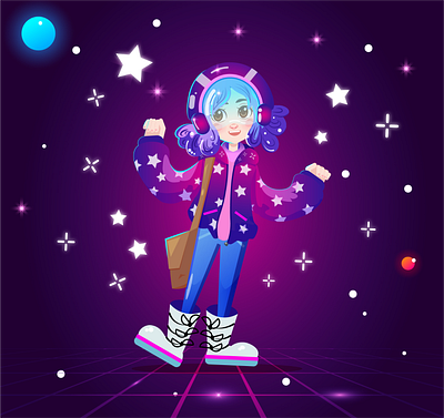 Vector illustration with cute girl blue branding cartoon character design cute design dream girl illustration retro space stars vector violet