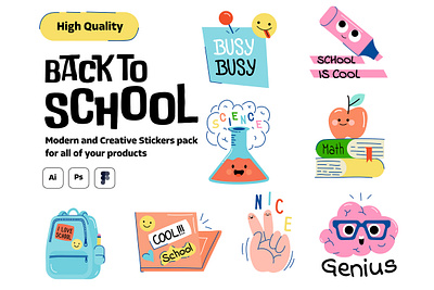 Back to School sticker pack back to school backpack branding cartoon characters creative doodle face funny smile sticker