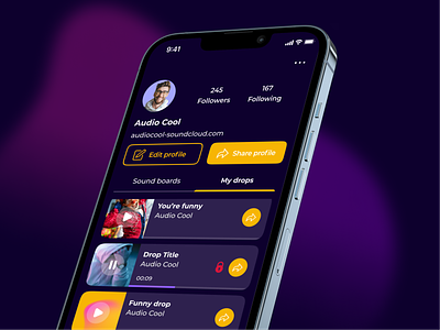 Audiodrop: Where sound and visuals create a new experience! app card dark ios logo modern profile sound
