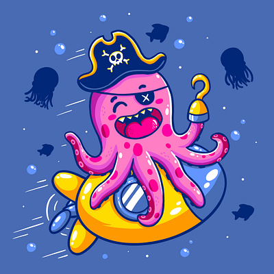 Pirate Octopus animal cartoon character colorful cute design graphic design illustration logo octopus pirate sea submarine