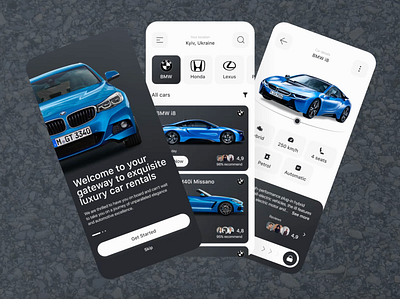 Car Rental App animation app application bmw car design figma gray hero screen home screen minimalism onboarding rental ui uxui