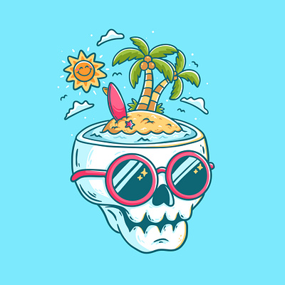 Skull Island beach cartoon character colorful doodle galsses graphic design hand drawn illustration island skull surfing tree