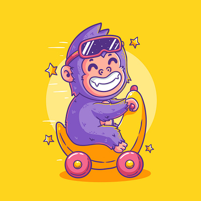 Gorilla Banana Scooter animal ape banana cartoon character colorful cute gorilla graphic design illustration logo monkey ride scooter