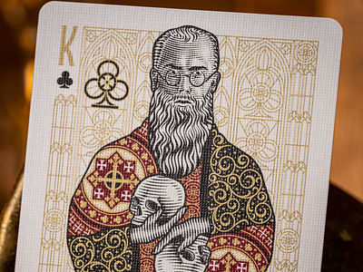 St. Maximilian Kolbe (King of Clubs) design engraving etching illustration illustrator line art maximilian kolbe peter voth design playing cards portrait