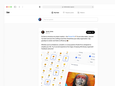 IndieMaker.space - Feed animation feed minimal posts ui web app