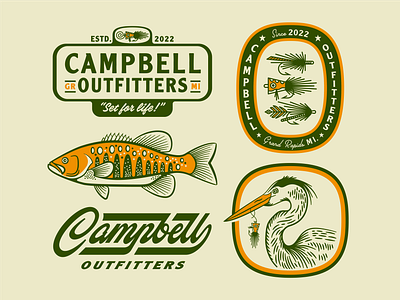Campbell Outfitters badge bass branding campbell fishing fly grand heron lettering logo michigan nature outfitters rapids script