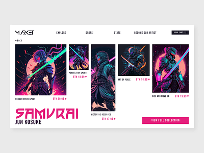 NFT Art Website - Flat style ai art branding collection design eth flat graphic design illustration logo market minimalism nft pink samurai ui ux vector website