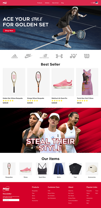 Penny - Woman Tennis Equipment landing page product page shoes sport equipment tennis ui web design website woman