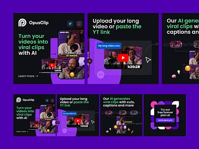 Opus Clip - LinkedIn carousel ad ad image ads ads design ai animation banner ad banner ads branding design display ads google ad banner illustration linkedin ui youtube