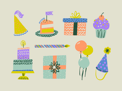 birthday icons art birthday cake color colour design graphic design greeting card icons illustration illustrator marketing party pattern photoshop procreate textile vector
