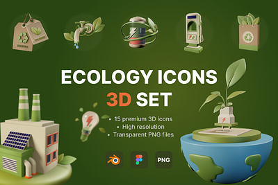 Ecology 3D icons set 3d battery eco eco tag ecological ecology ecosystem greeny illustration save energy saving energy tag