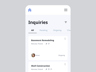 Mobile Dashboard for Construction Pros airbnb builder clean construction services diy flow home home building house house construction inquiry houzz inquiry minimal simple uber ui user dashboard user panel