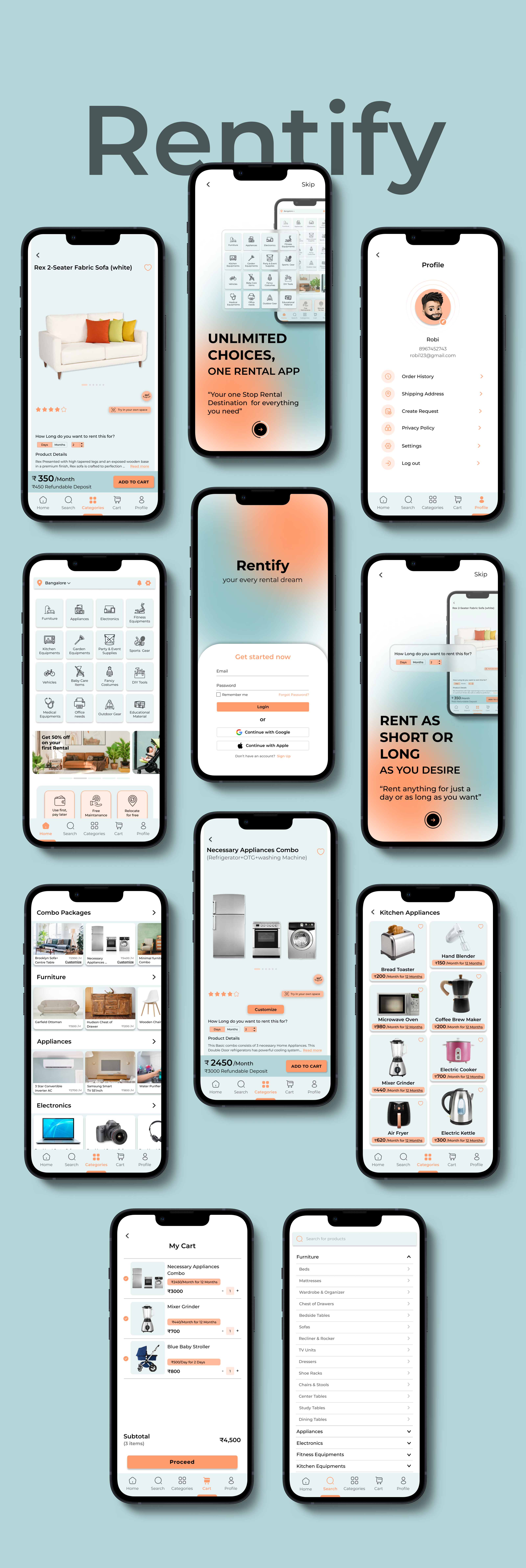 Rentify - an online rental store ecommerce figma graphic design ios landingpage mobileapp mockups onboarding profilepage rentalapp ui