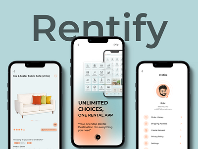 Rentify - an online rental store ecommerce figma graphic design ios landingpage mobileapp mockups onboarding profilepage rentalapp ui