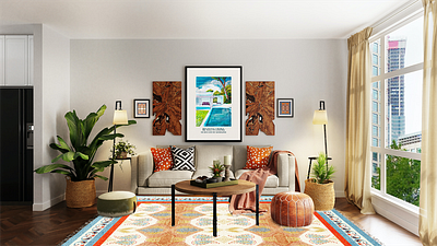 A house with the swimmingpool blue canvas carpet illustration orange prints red