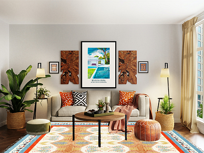 A house with the swimmingpool blue canvas carpet illustration orange prints red