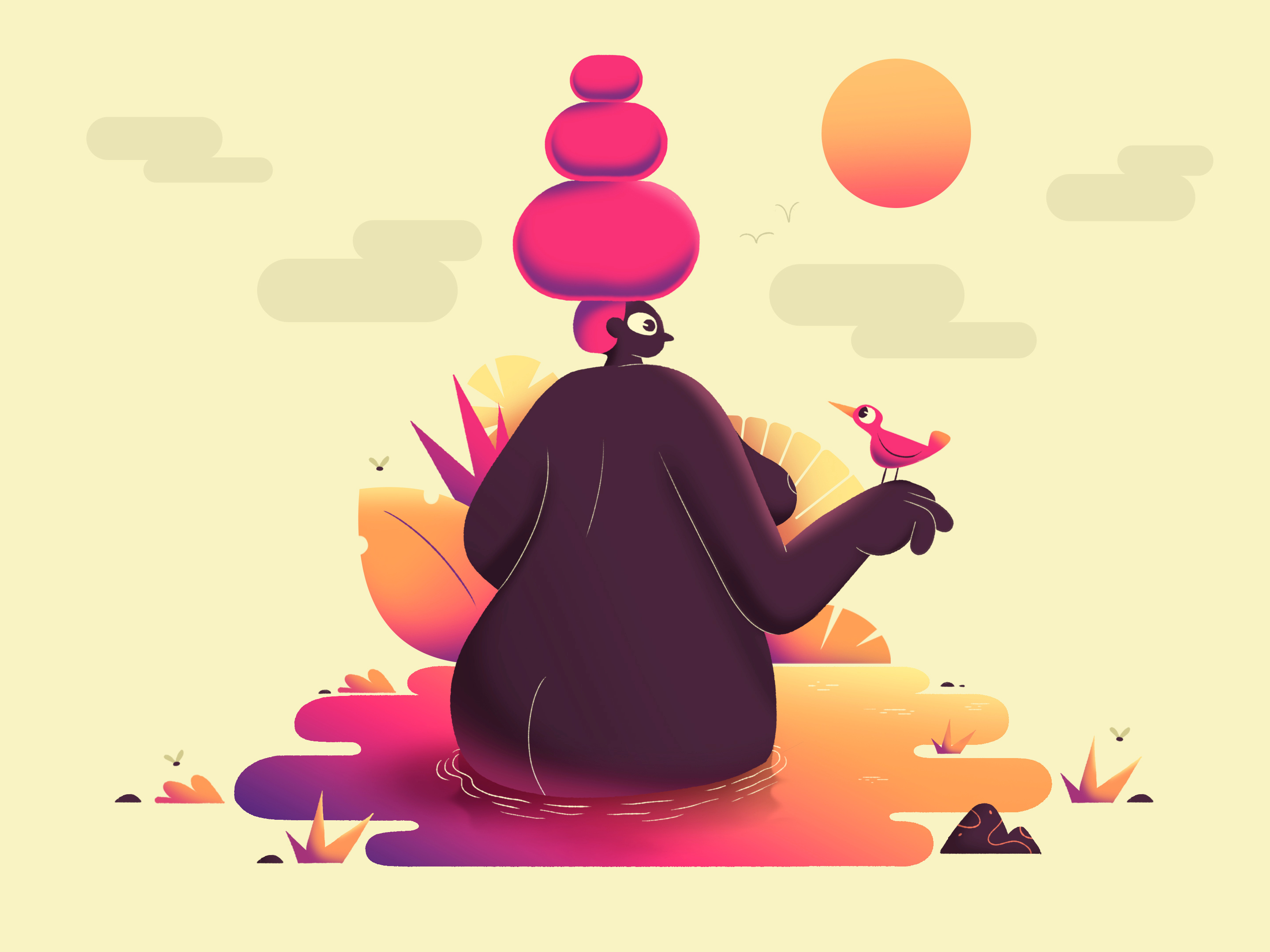 Lagoon Lady africa bird bird illustration character design clouds cute florian farhay girl girl illustration gradient illustration jungle plants pool sun sunshine water woman woman character