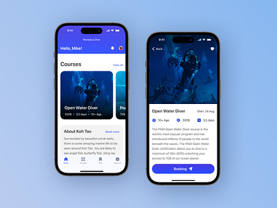 Scuba Diving Courses: Mobile App for iOS ios mobile app design ui ux