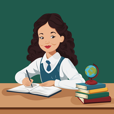 The schoolgirl is sitting at the desk design graphic design illustration vector