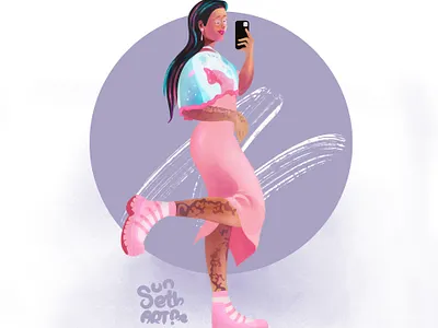 Pink Tuesday a girl character fashion fashion model girl with a phone illustration model selfie selfie time young girl