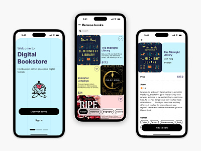 Bookstore app design app app design books bookstore browsing creative digital ecommerce figma flat grid ios iphone minimal reading shop ui