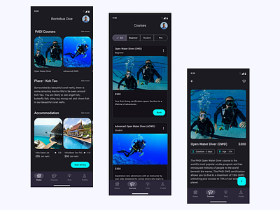 Roctobus Dive android app beauty best clean dark mode design diving figma graphic design material design new sport ui ux