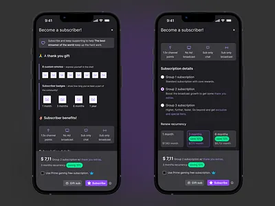 Twitch "Become a subscriber!" app design payment streaming twitch ui ux