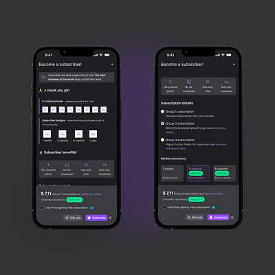 Twitch "Become a subscriber!" app design payment streaming twitch ui ux