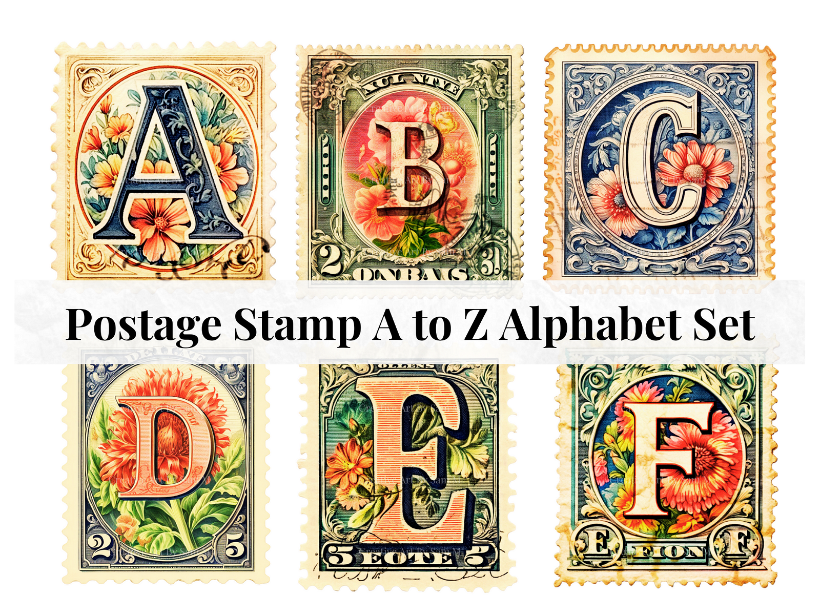 Set of 26 A to Z Alphabet Letters - Vintage Postage Stamp Theme by