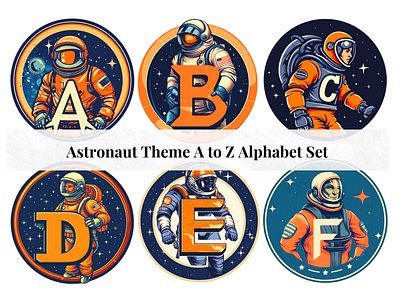 Set of 26 A to Z Alphabet Letters - Astronaut Theme alphabet design alphabet letters alphabet set astronaut branding circle monogram clipart letters commercial use fonts creative letter art decorative letters design designer fonts fancy fonts fancy letters fonts graphic design illustration illustrations logo typography