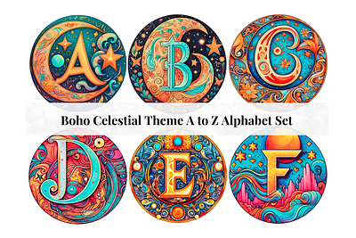 Set of 26 A to Z Alphabet Letters - Boho Celestial Theme alphabet design alphabet letters alphabet set boho branding celestial clipart letters commercial use fonts creative letter art creative letters decorative letters design designer illustrations fancy fonts fancy letters fonts illustration illustrations typography ui