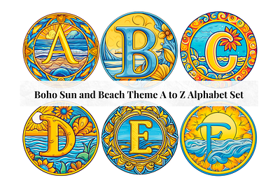 Set of 26 A to Z Alphabet Letters - Boho Sun and Beach Theme alphabet design alphabet letters alphabet set branding clipart letters commercial use fonts creative letter art decorative letters design fancy alphabet letters graphic design illustration