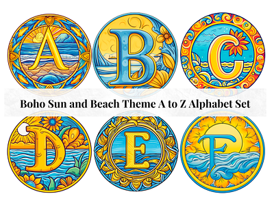 Set of 26 A to Z Alphabet Letters - Boho Sun and Beach Theme alphabet design alphabet letters alphabet set branding clipart letters commercial use fonts creative letter art decorative letters design fancy alphabet letters graphic design illustration