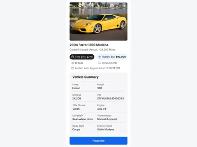 Car Auction Details mobile table