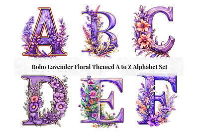 Set of 26 A to Z Alphabet Letters - Boho Floral Lavender Theme alphabet design alphabet letters alphabet set branding clipart letters commercial use fonts creative letter art design illustration