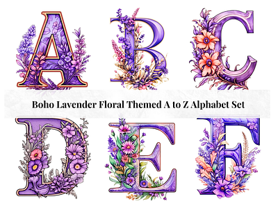 Set of 26 A to Z Alphabet Letters - Boho Floral Lavender Theme alphabet design alphabet letters alphabet set branding clipart letters commercial use fonts creative letter art design illustration
