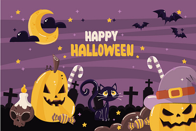 Hand Drawn Flat Halloween Background Illustration background bat candy dark decoration halloween holiday illustration pumpkin skeleton spooky vector