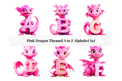 Set of 26 A to Z Alphabet Letters - Pink Dragon Theme alphabet design alphabet letters alphabet set branding clipart letters commercial use fonts creative letter art design illustration ui