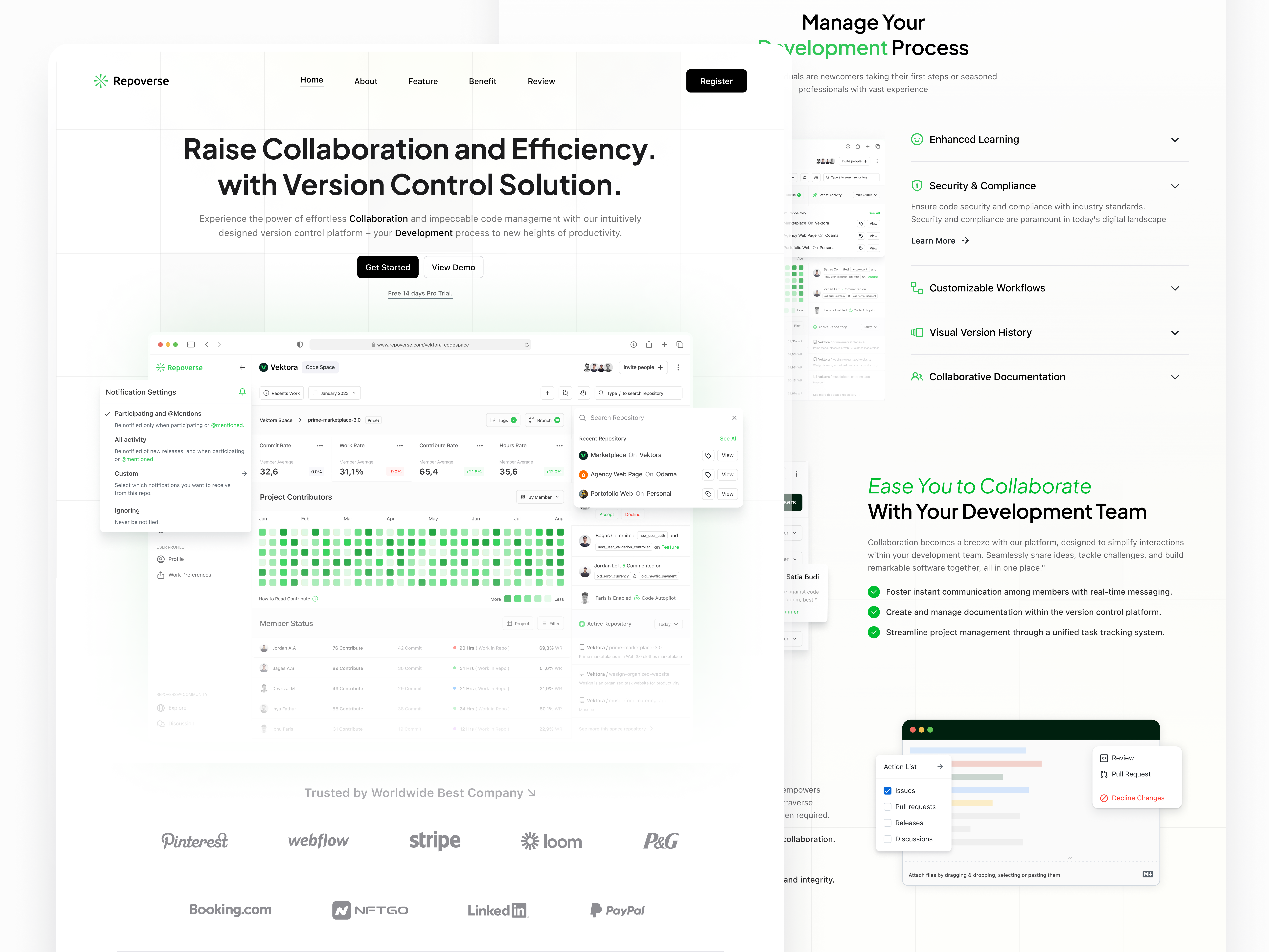 Repoverse - Version Control Landing Page analytics app clean clean ui crm dashboard design enterprise green homepage landing landing page page saas ui ux version control web design website white