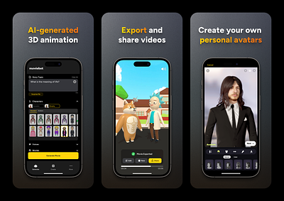 MovieBot App Store Screenshots 3d animation 3d character app store characters ios iphone moviebot screenshots ui ui design