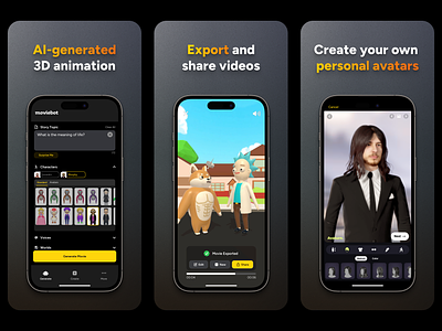 MovieBot App Store Screenshots 3d animation 3d character app store characters ios iphone moviebot screenshots ui ui design
