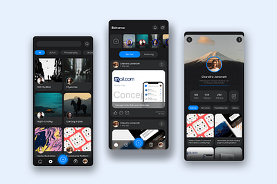 Behance redesign with dark theme behance design landing page minimalistic modern modern ui redesign social media social media apps social media ui ui ux