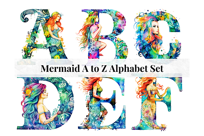 Set of 26 A to Z Alphabet Letters - Watercolour Mermaid Theme alphabet design alphabet letters alphabet set branding clipart letters commercial use fonts creative letter art design illustration ui
