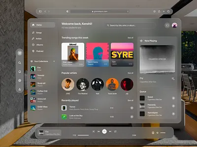 Groovesync - Music Player Spatial UI Concept apple apple vision pro ar augmented reality clean dashboard glassmorphism ios mixed reality music player product design spatial spatial ui ui virtual virtual reality vision os vr web web app