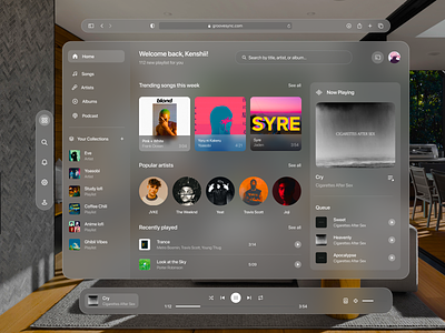 Groovesync - Music Player Spatial UI Concept apple apple vision pro ar augmented reality clean dashboard glassmorphism ios mixed reality music player product design spatial spatial ui ui virtual virtual reality vision os vr web web app