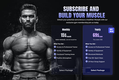 Subscription Page For Fitness Membership app billing body clean design fitness glassmorphism gym membership minimalist muscle sport ui ux web