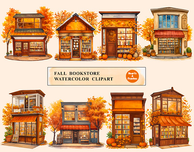 Fall Bookstore Watercolor Clipart Bundle autumn autumn bookstore bookstore bookstore illustrations bookstore window scene clipart cozy shopfront clipart design digital art digital download fall fall bookstore fall storefront decor graphic design illustration png storefront vintage bookshop art vintage shopfront watercolor watercolor