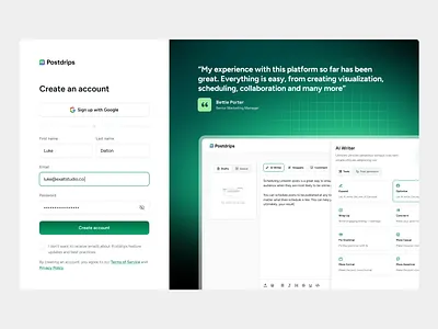 Postdrips - Create Account ai chatgpt copywriting dashboard linkedin product design saas ui ux writer